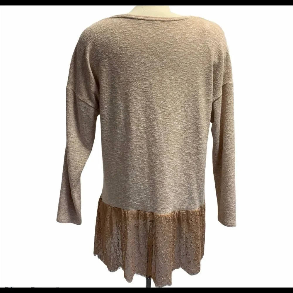 Zara dusty rose peach V-neck long sleeve sweater lace trim Sz M - Picture 2 of 9